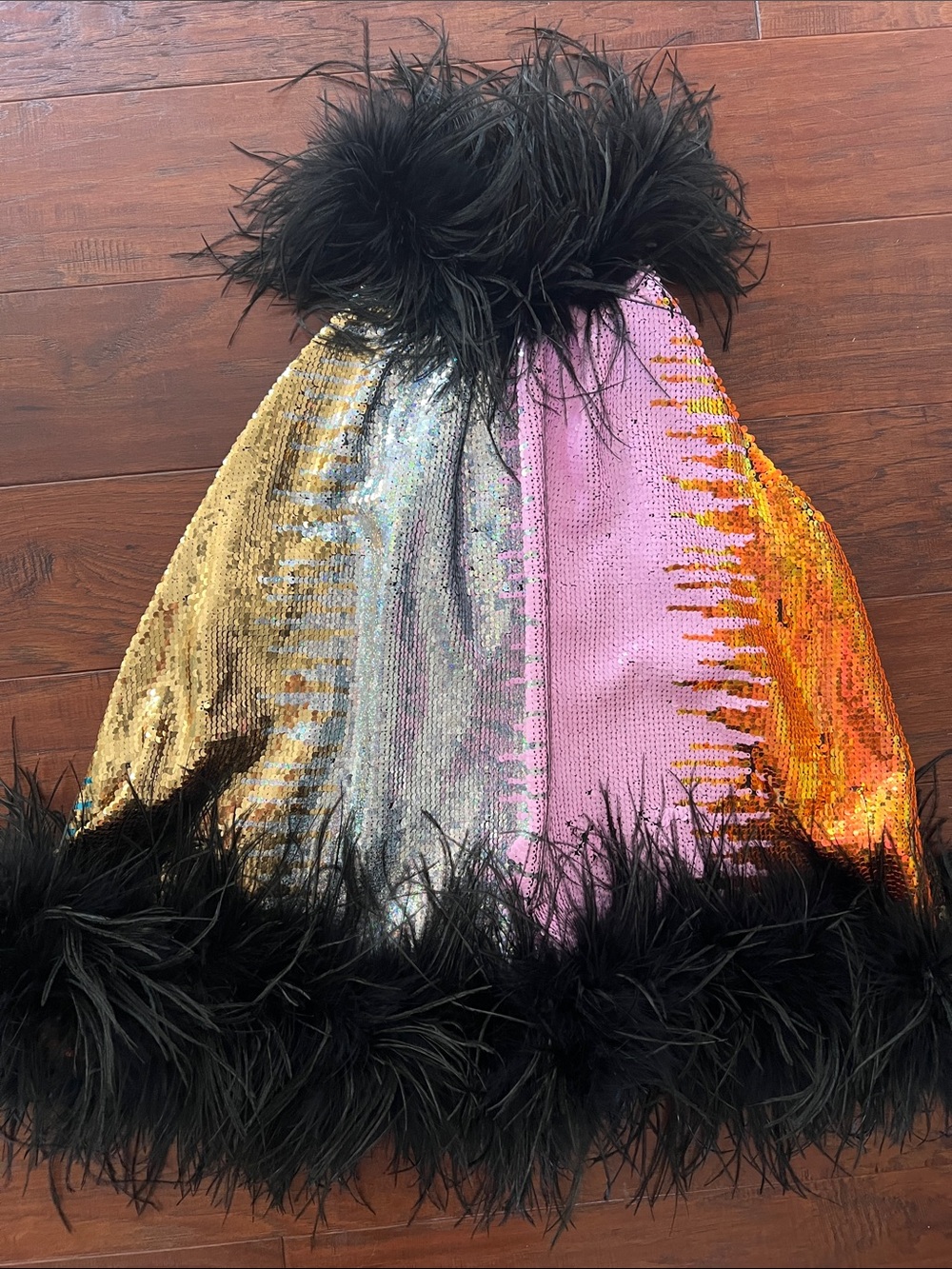 Queen of Sparkles Sequin Colorblock Party Coat with Feather Trim - size S